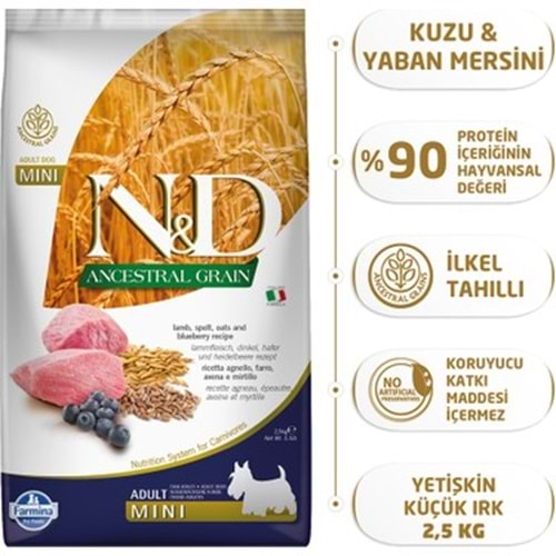 N&D ANCESTRAL GRAIN KUZU, KILÇIKSIZ BUĞDAY, YULAF & YABANMERSİNİ YETİŞKİN MINI 2,5 KG